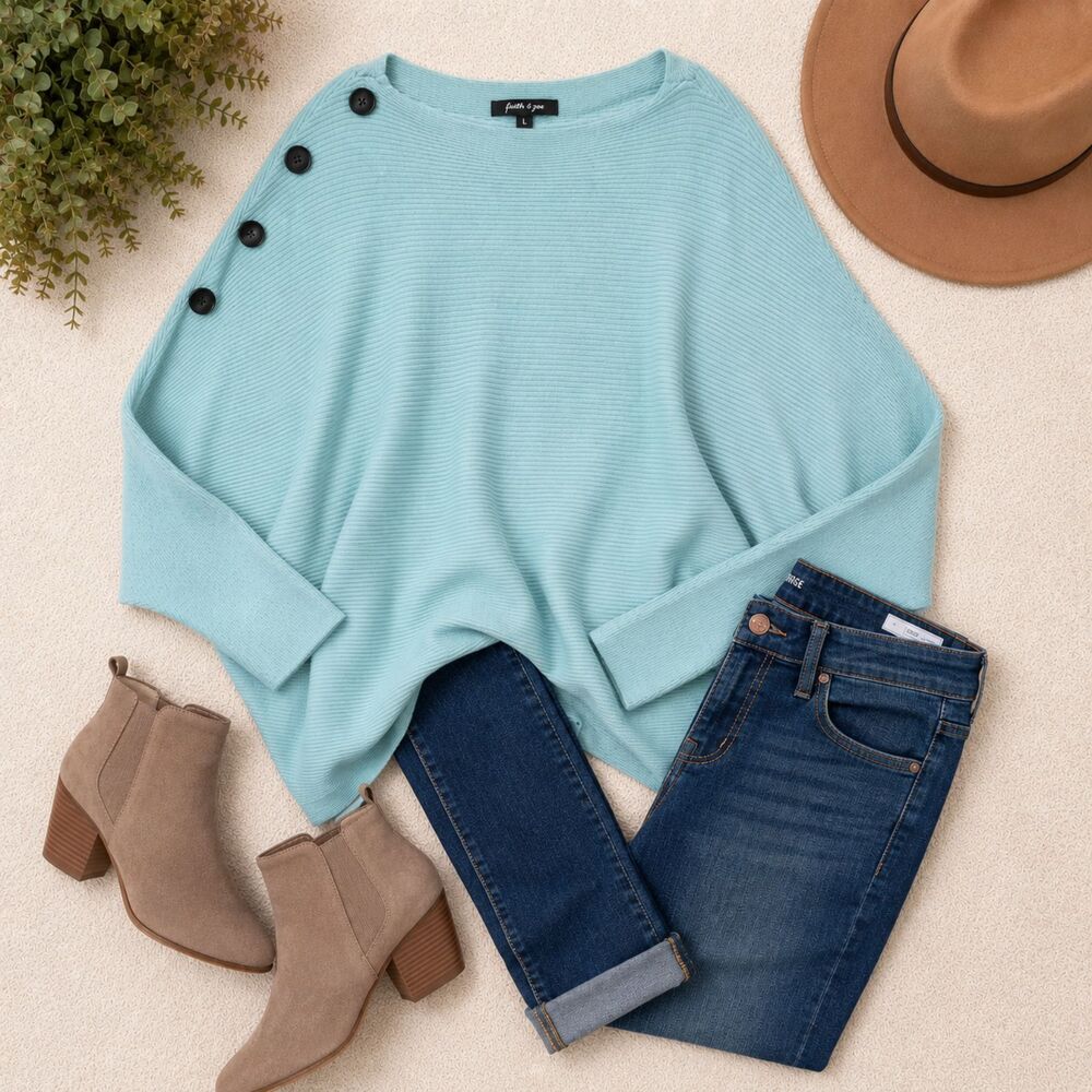 Faith & Zoe Turquoise Batwing Button Shoulder Sweater Top L Boho Knit